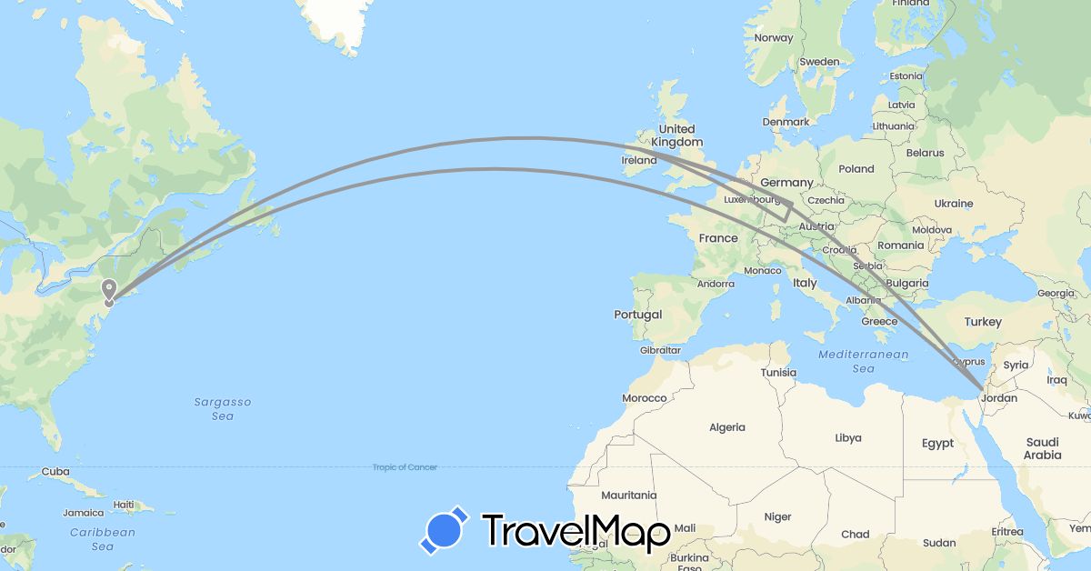 TravelMap itinerary: driving, plane in Germany, United Kingdom, Ireland, Israel, United States (Asia, Europe, North America)